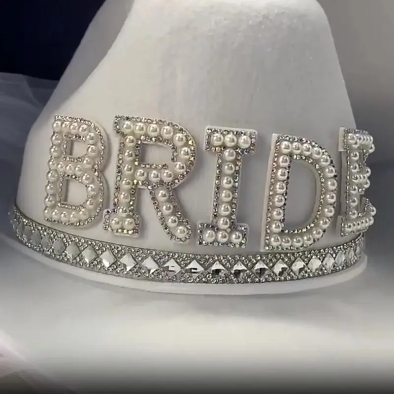 White Bride Cowboy Hat with Veil - Image 3