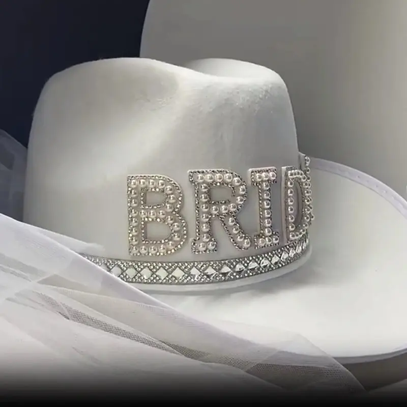 White Bride Cowboy Hat with Veil - Image 4