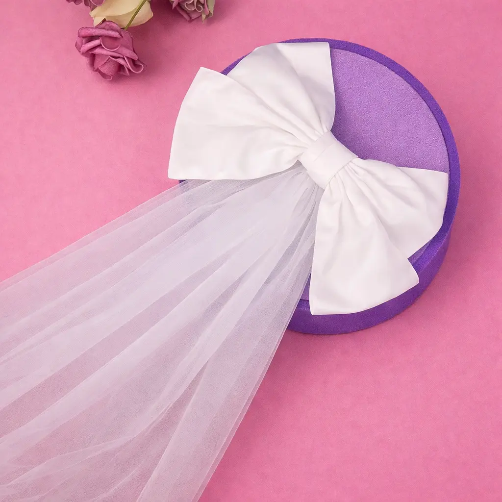 Bride Short Veil with Satin Bow - Image 2