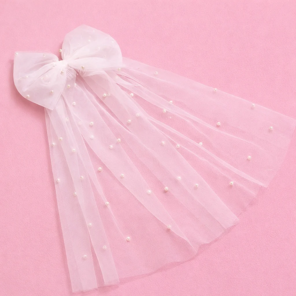 White Bow Veil Hair Clip - Image 5
